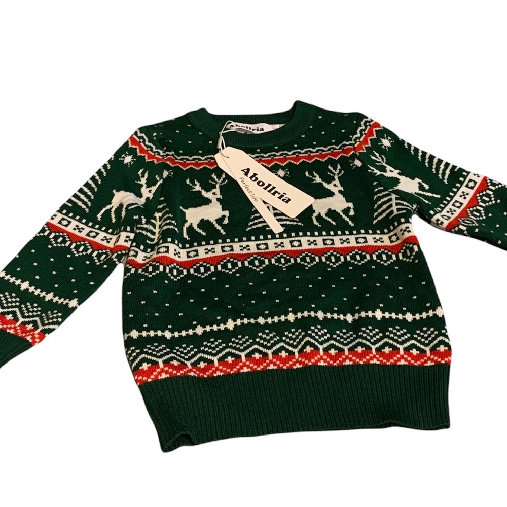 🟢Abollria Ugly Christmas Reindeer Snowflakes Sweater Pullover Green 2T🟢